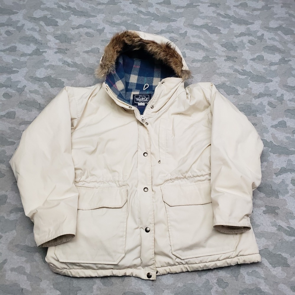 VTG Woolrich Coat Jacket Womens Large Beige Full Zip Snap Fur Hood Outdoors37.